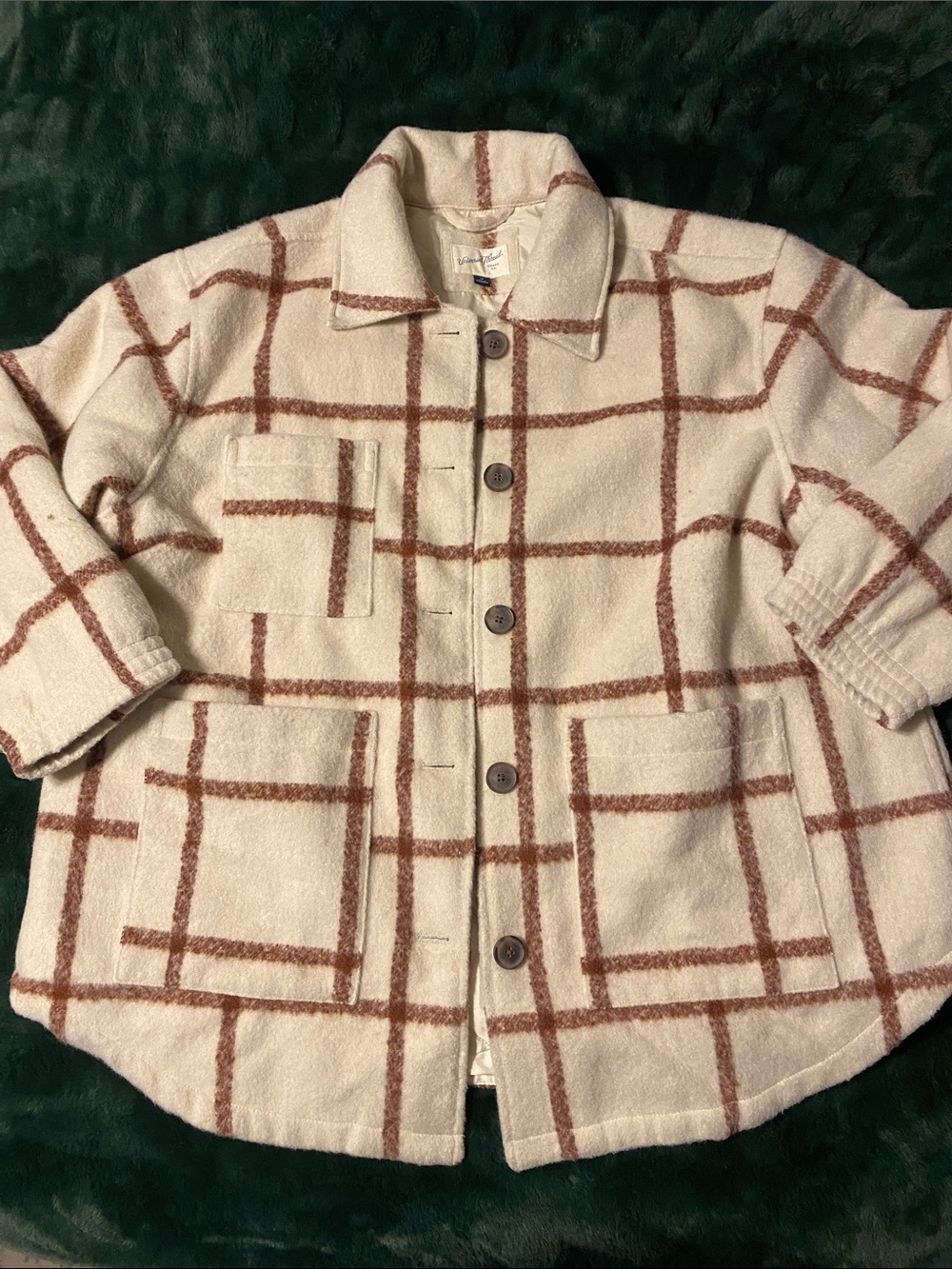 Universal Thread Cream Teddy Jacket with Brown Windowpane Plaid
